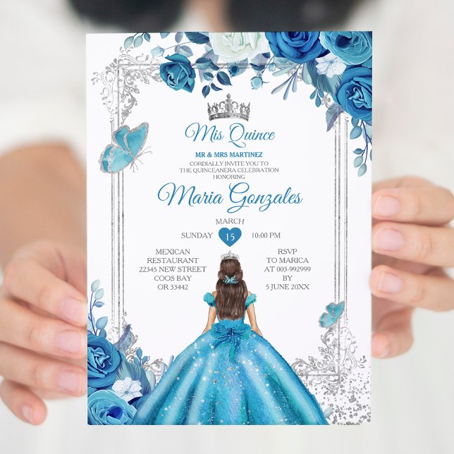 Convite Mis Quince Aqua Teal Coroa Floral Quinceañera (Criador carregado)