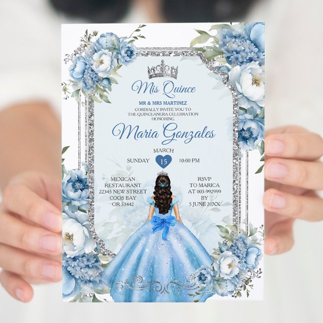 Convite Mis Quince Blue Floral Silver Crown Quinceañera (Criador carregado)