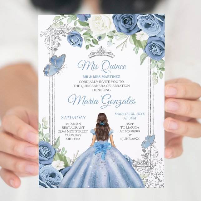 Convite Mis Quince Dusty Blue & Silver Floral Quinceañera (Criador carregado)