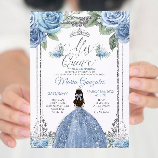 Convite Mis Quince Dusty Blue & Silver Floral Quinceañera (Criador carregado)