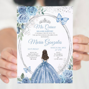 Convite Mis Quince Dusty Blue & Silver Floral Quinceañera
