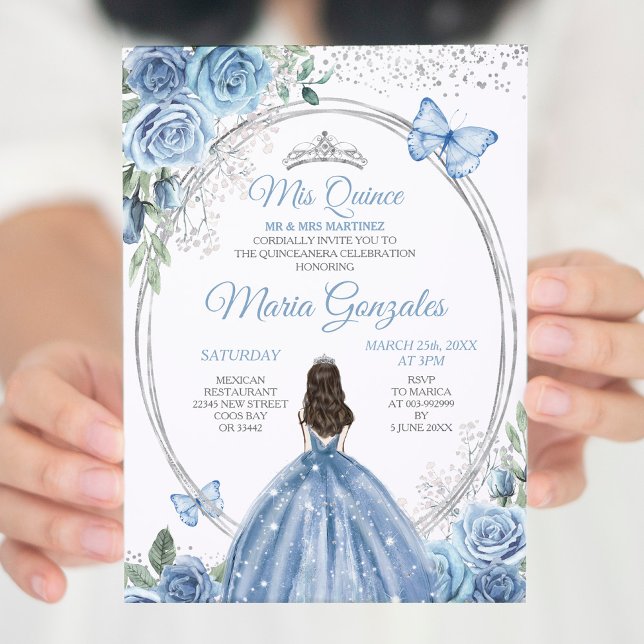 Convite Mis Quince Dusty Blue & Silver Floral Quinceañera (Criador carregado)