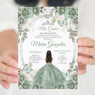 Convite Mis Quince Dusty Green & Silver Floral Quinceañera