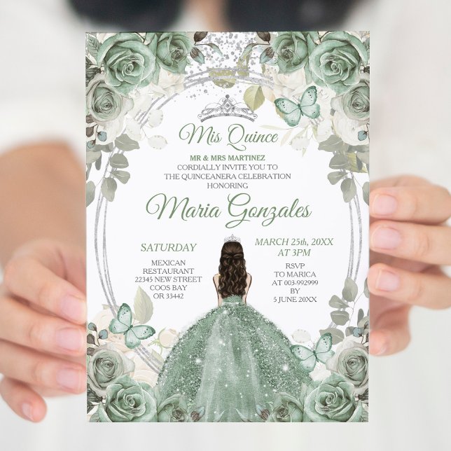 Convite Mis Quince Dusty Green & Silver Floral Quinceañera (Criador carregado)
