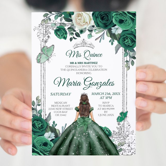 Convite Mis Quince Emerald Green & White Birthday (Criador carregado)