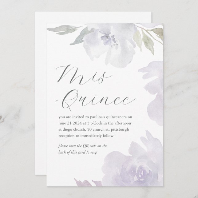 Convite Mis Quince Floral Birthday Quinceañera Código QR (Frente/Verso)