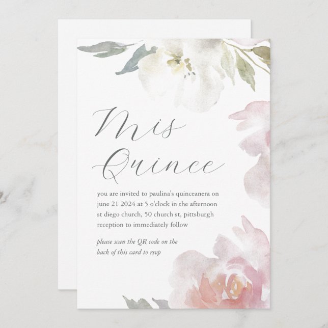 Convite Mis Quince Floral Birthday Quinceañera Código QR (Frente/Verso)