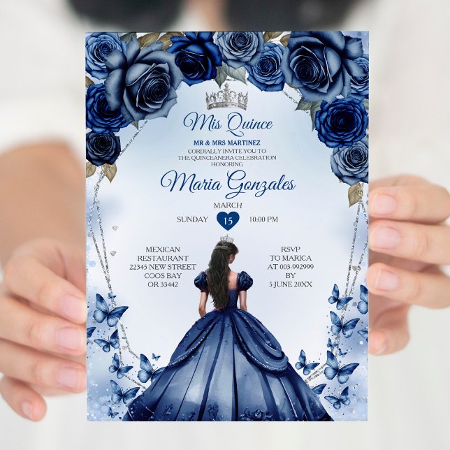 Convite Mis Quince Marinho Coroa Floral Azul Quinceañera (Criador carregado)