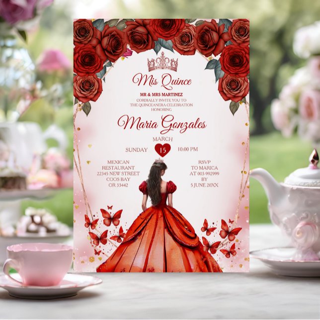 Convite Mis Quince Rosas vermelhas 15 Anos Coroa Quinceañe (Criador carregado)