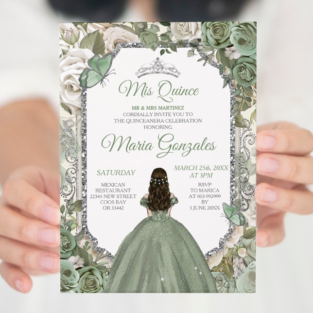 Convite Mis Quince Sage Green & Silver Floral Quinceañera (Criador carregado)