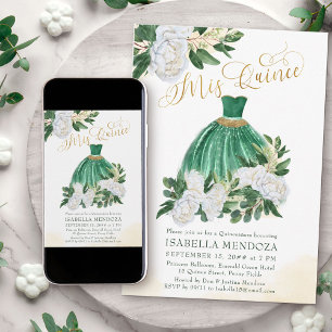 Convite Mis Quince Verde Esmeralda Branco Peônia Quinceane