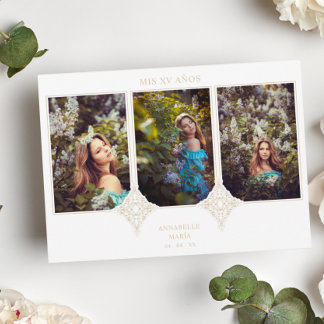Convite Mis XV Años Español 3 Fotos Efecto Encaje Dorado