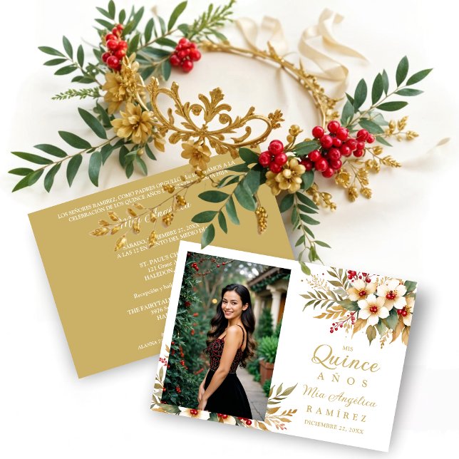 Convite Mis XV Delicate Christmas Spanish Floral Photo  (Delicate ChristmasGold & Red Shades Floral Botanical Bouquets Photo Quinceañera Invitations Cards.)