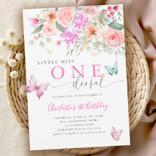 Convite Miss Onederful Floral Borboleta Aniversário de 1 a