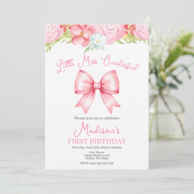 Convite Miss Onederful Pink Bow First Birthday Invitation (Em pé/Frente)