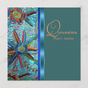 Convite Miss Quince Anos Azul Turquesa com Contas e Laranj