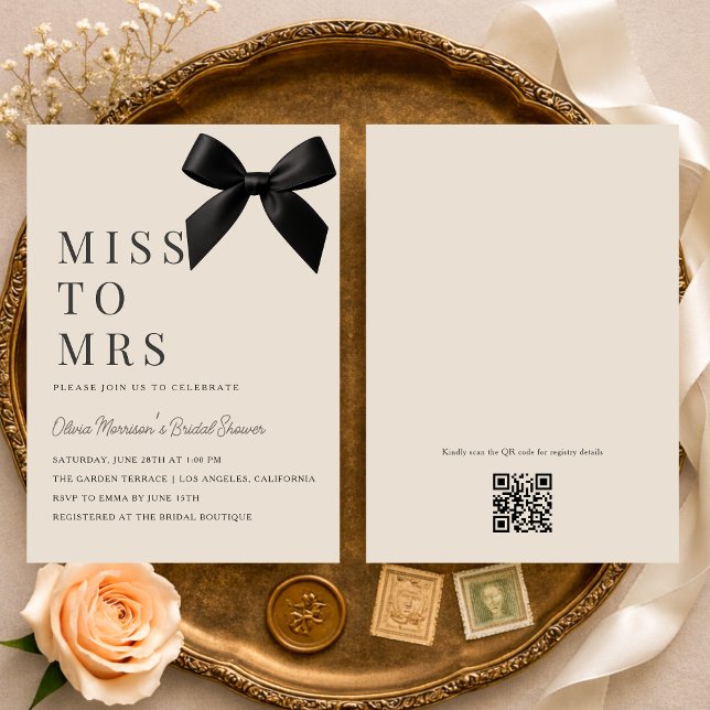 Convite Miss to Mrs Black Bow QR Code Bridal Shower (Criador carregado)