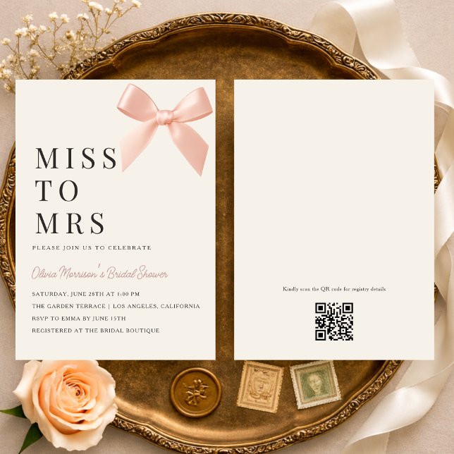 Convite Miss to Mrs Blush Pink Bow QR Code Bridal Shower (Criador carregado)