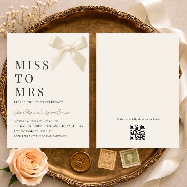 Convite Miss to Mrs Coquette Bow QR Code Bridal Shower (Criador carregado)