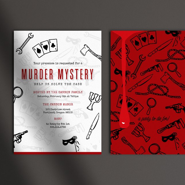 Convite Mistério de Assassinato Vermelho e Negro (Fun murder mystery party invitations shown on grey background with mysterious shadow overlay)