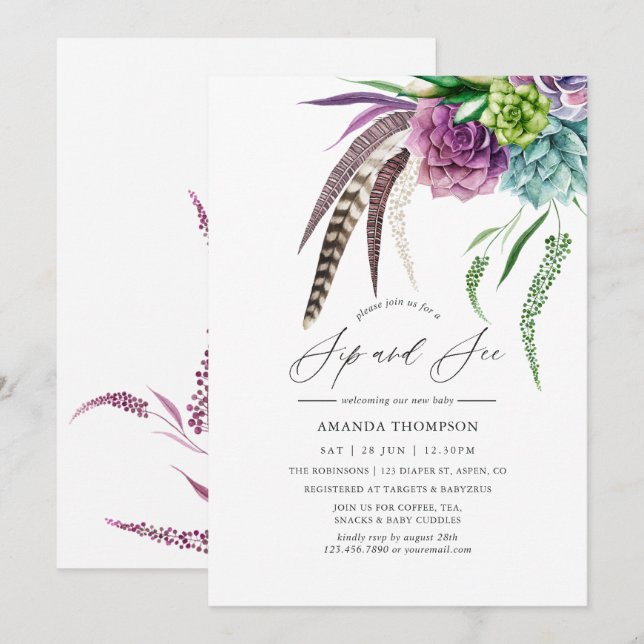 Convite Místico Boho Aquarela Suculenta Beba e Veja (Frente/Verso)