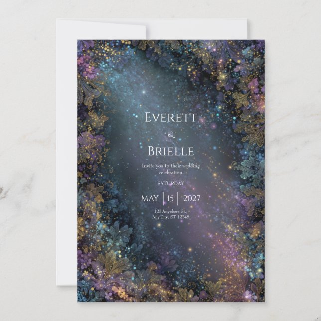 Convite Místico Dourado Floral Celestial Galáxia Casamento (Frente)