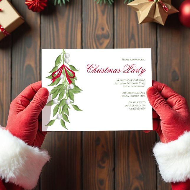 Convite Mistletoe Greenery Christmas Party Custom  (Christmas Party Mistletoe Holiday Invitations.)