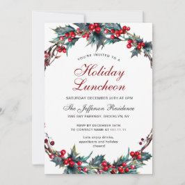 Convite Mistletoe Holly Berry Wreath Holiday Luncheon