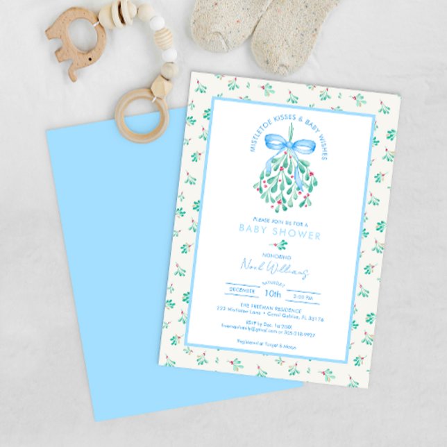 Convite Mistletoe Kisses Chá de fraldas Azul para Menino (Blue ribbon winter baby mistletoe kisses baby shower)