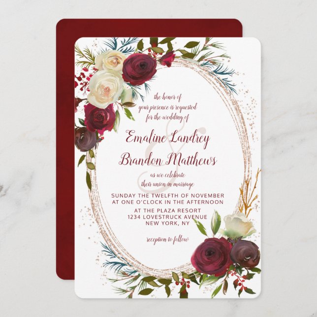 Convite Mistletoe Manor Watercolor Elegant Oval Wedding (Frente/Verso)