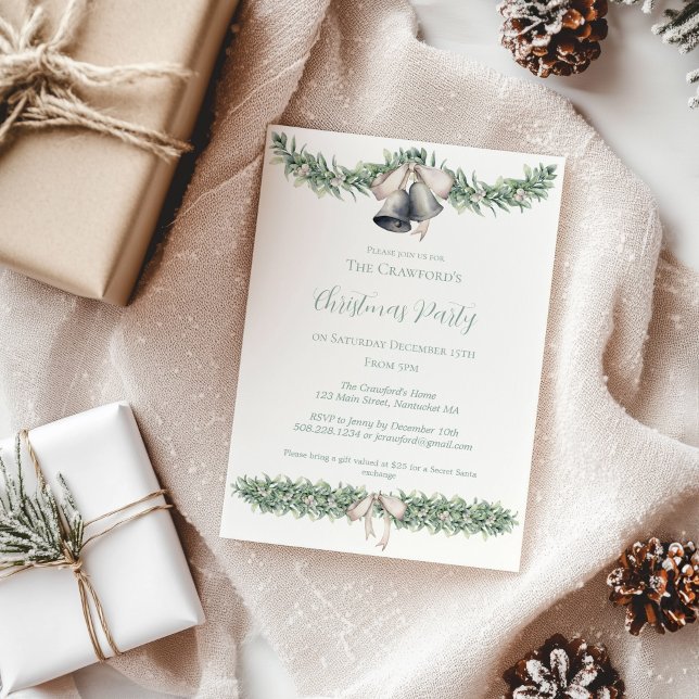 Convite Mistletoe Silver Bells Natal (Silver Bells and Mistletoe Christmas Party Invitation)