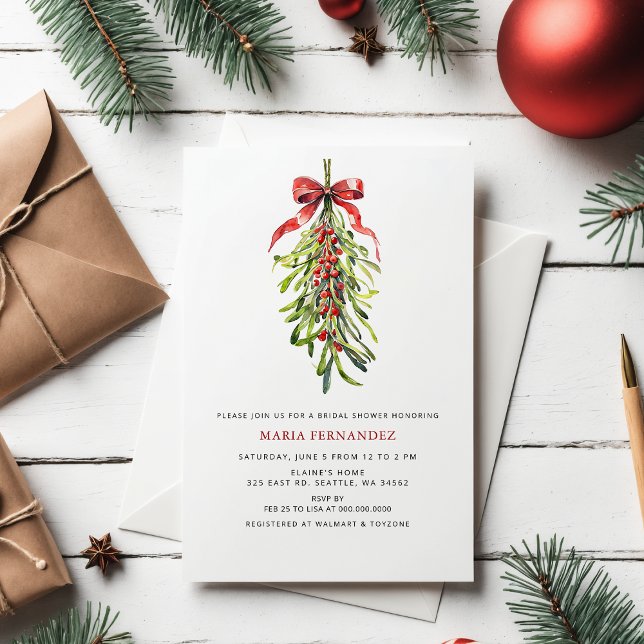 Convite Mistletoon Winter Holidays Chá de panela de Natal (Mistletoe Winter Holidays Christmas Bridal Shower Invitation)
