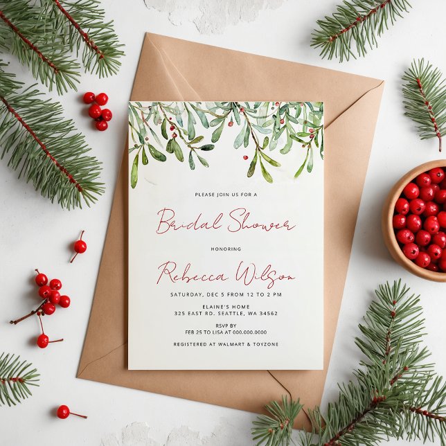 Convite Mistletoon Winter Holidays Chá de panela de Natal (Mistletoe Winter Holidays Christmas Bridal Shower Invitation)
