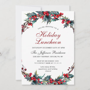 Convite Mistletoy Holly Berry Wreath Holiday Luncheon