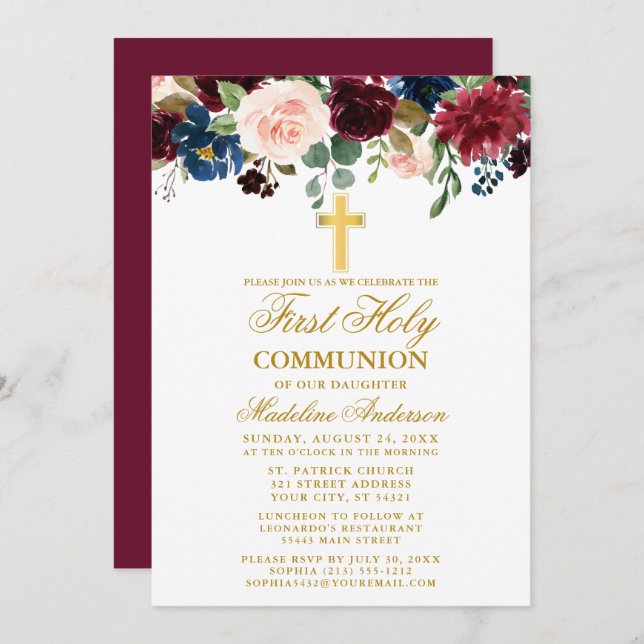 Convite Mistura de Aquarelas Floral First Communion Burgun (Frente/Verso)