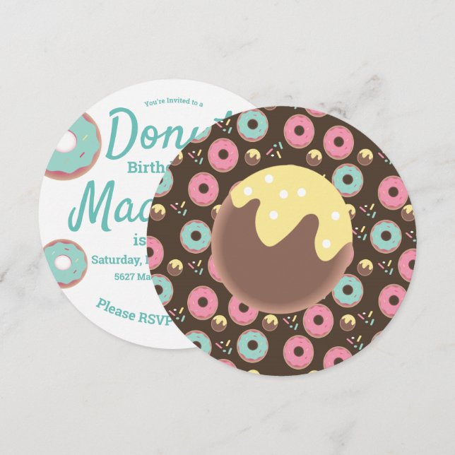 Convite Mistura de Glacê Redondo Furo de Donut Rosa e Verd (Frente/Verso)