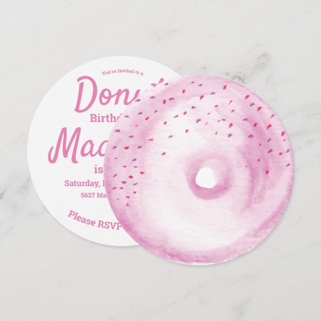 Convite Mistura de Raspas de Donut Rosa Aquarela Redonda (Frente/Verso)