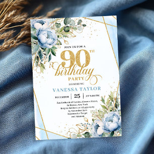 Convite Mistura floral dourada azul pálido para 90º aniver