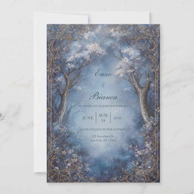 Convite Misty Blue Enchanted Forest Gold Filigree Wedding (Frente)