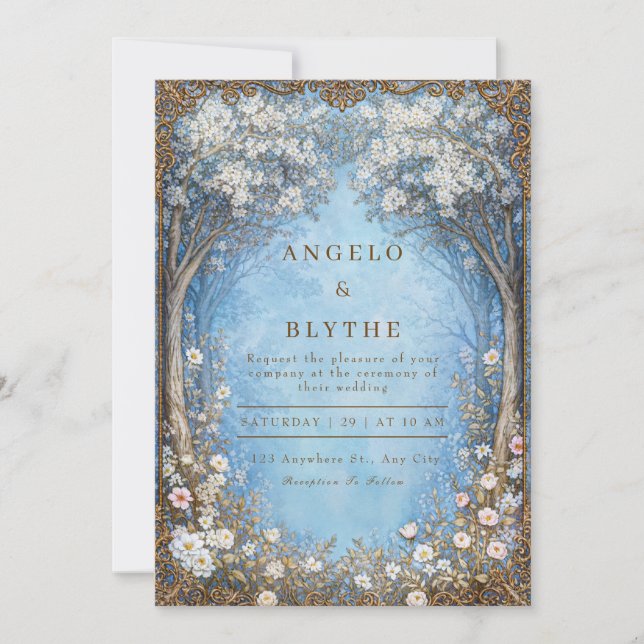 Convite Misty Blue Enchanted Forest Gold Frame Wedding (Frente)