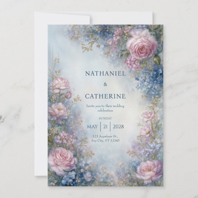 Convite Misty Blue Ethereal Rose Border Wedding (Frente)