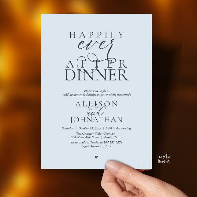 Convite Misty Blue Happily Ever After Dinner Wedding (Happily Ever After Dinner Modern Script Wedding Invitation Card in Misty Blue)