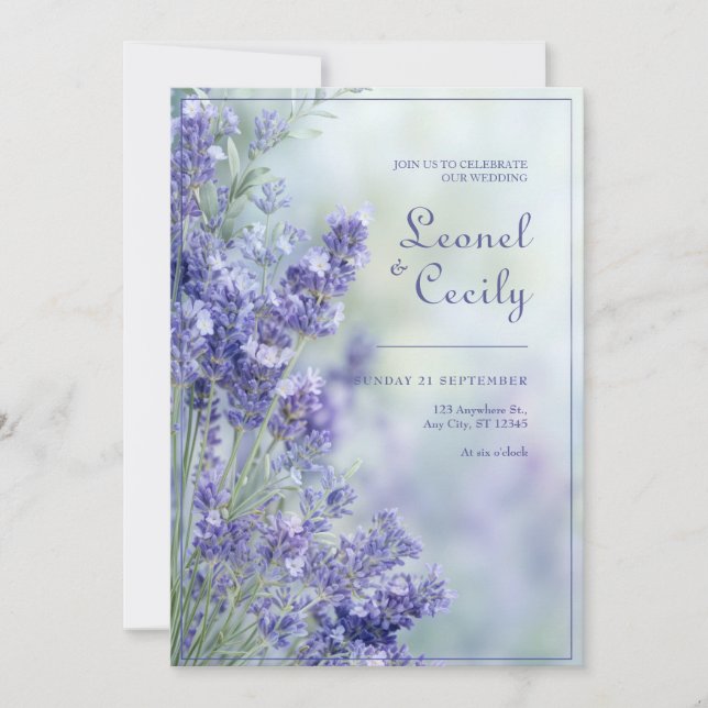 Convite Misty Blue Romantic Lavender Frame (Frente)