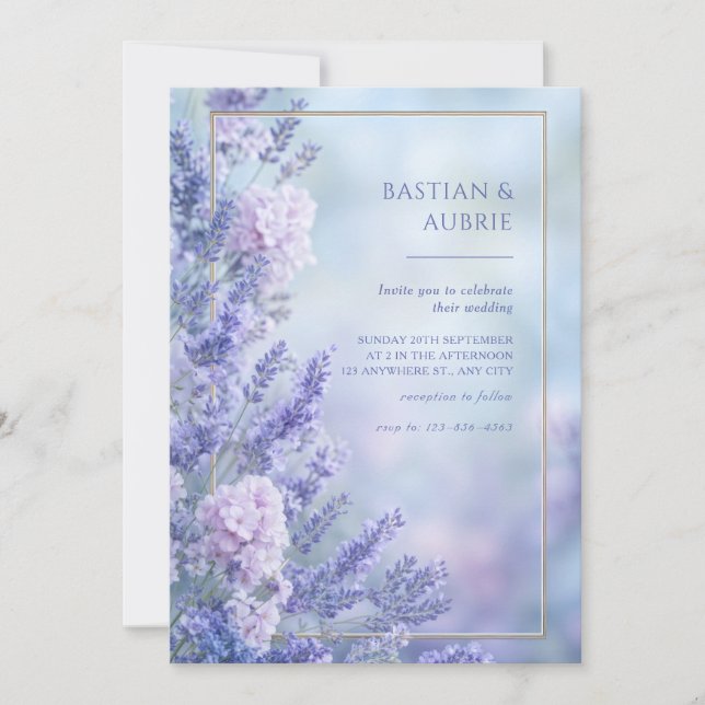 Convite Misty Blue Romantic Lavender Gold Frame Wedding (Frente)