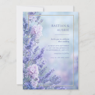 Convite Misty Blue Romântico Lavanda Dourado Quadro Casame
