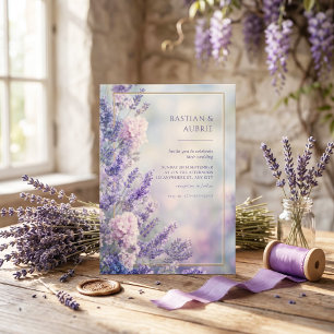 Convite Misty Blue Romântico Lavanda Dourado Quadro Casame