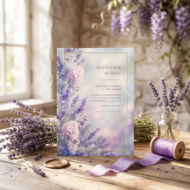 Convite Misty Blue Romântico Lavanda Dourado Quadro Casame (Criador carregado)