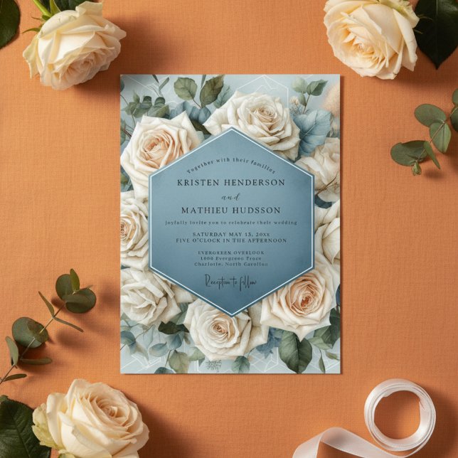 Convite Misty Blue Rose Bloom Wedding (Criador carregado)