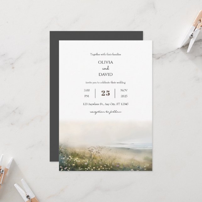 Convite Misty Morning Coastal Meadow View Beach Wedding (Frente/Verso In Situ)