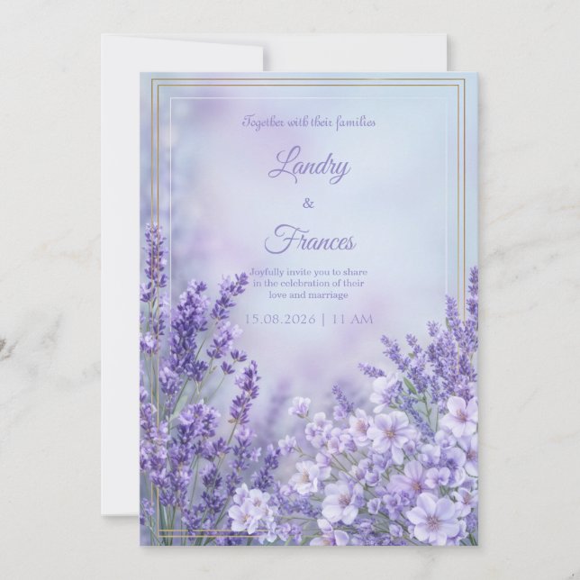 Convite Misty Periwinkle Romantic Botanical Frame Wedding (Frente)